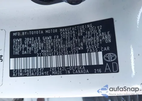 2013 Toyota Corolla S from USA, damaged, VIN 2T1BU4EEXDC961323